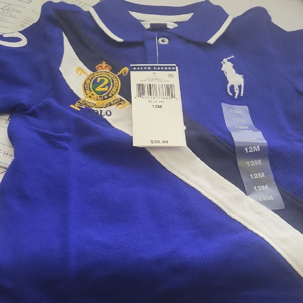 12 Months Ralph Lauren Blue and White Polo Shirt with Diagonal Stripe